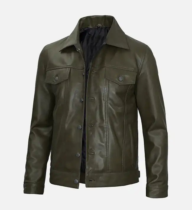 Men's Olive Green Real Leather Trucker Jacket