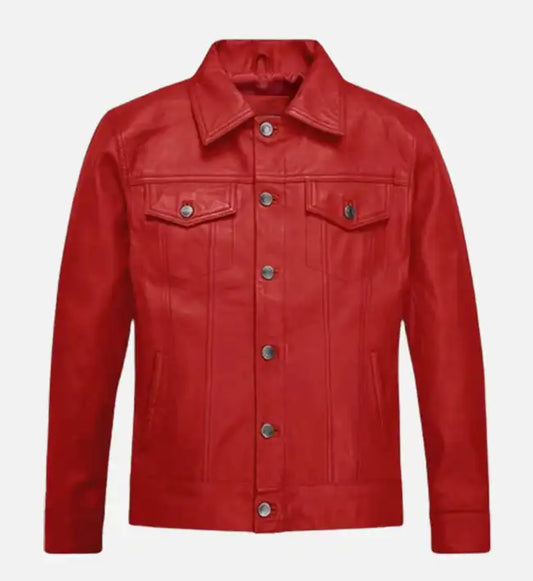 Men’s Red Trucker Leather Jacket