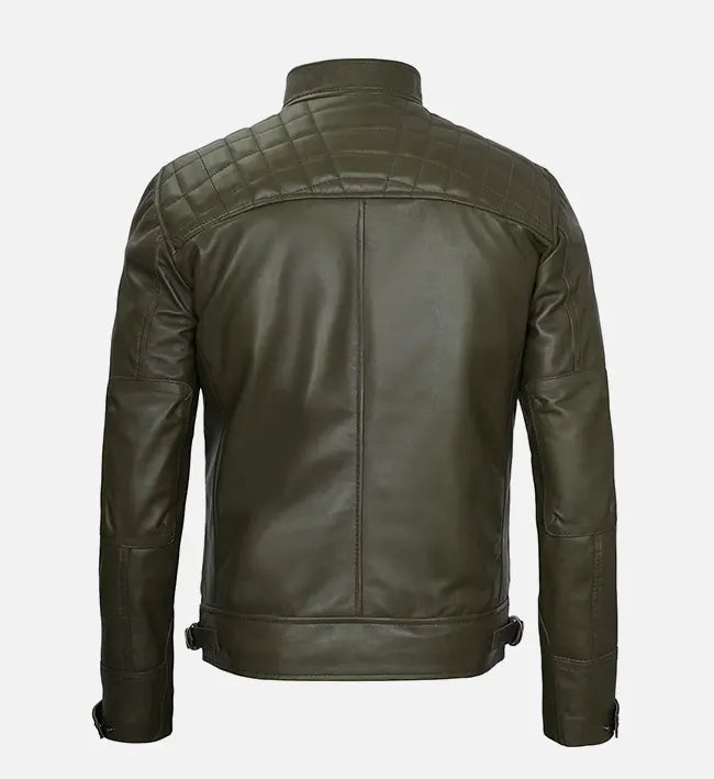 Men's Olive Green Leather Cafe Racer Jacket