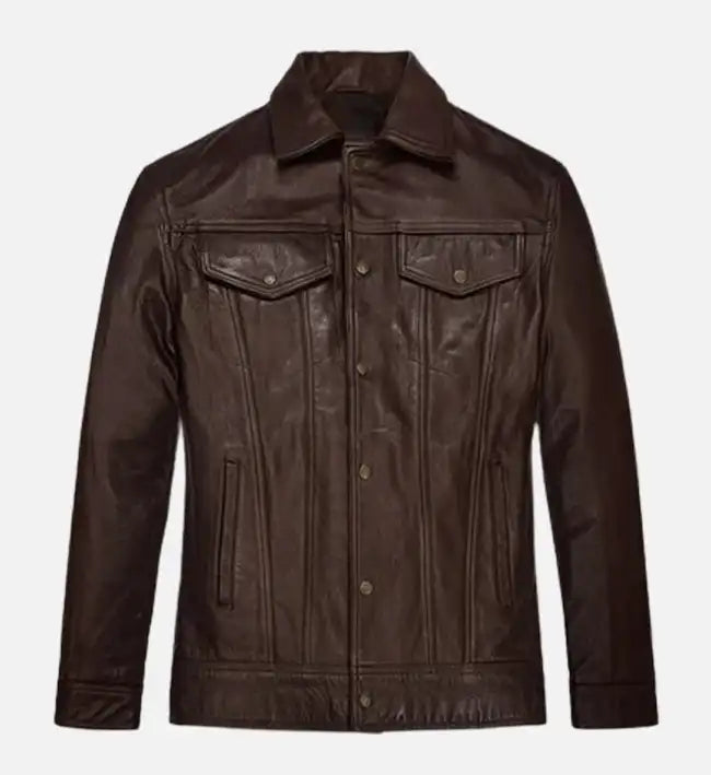 Men's Chocolate  Brown Trucker Leather Jacket