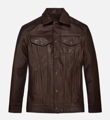 Men's Chocolate  Brown Trucker Leather Jacket