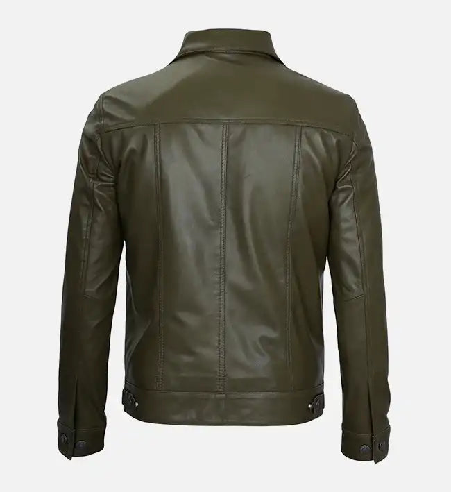 Men's Olive Green Real Leather Trucker Jacket