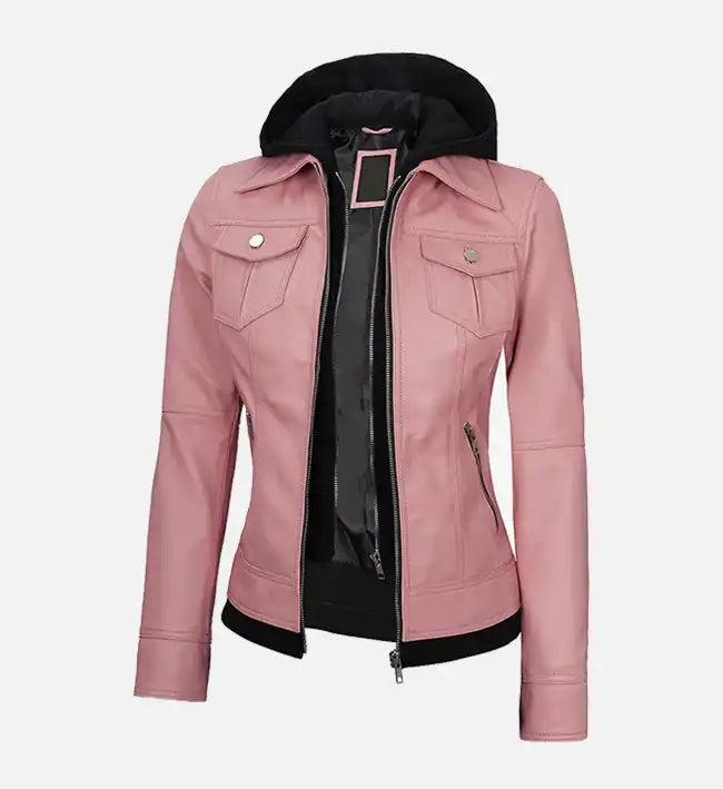 Women's Pink Leather Jacket With Hood