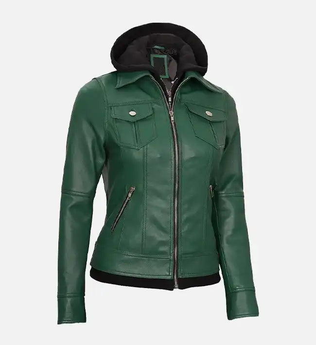 Women's Green Leather Jacket With Hood