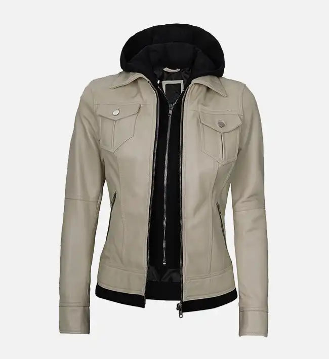 Women’s Beige Leather Jacket With Hood