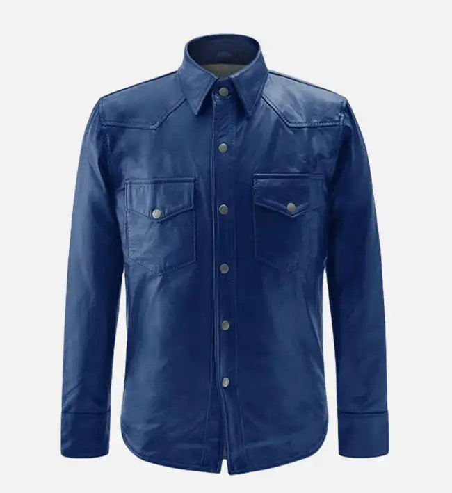 Men's Rich Blue Leather Trucker Jacket