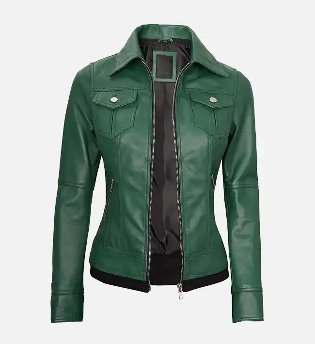 Women's Green Leather Jacket With Hood