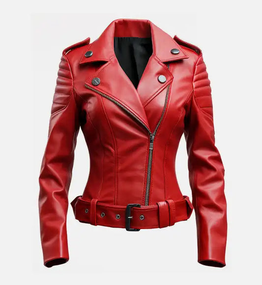 Women's Slimfit Red Biker Leather Jacket