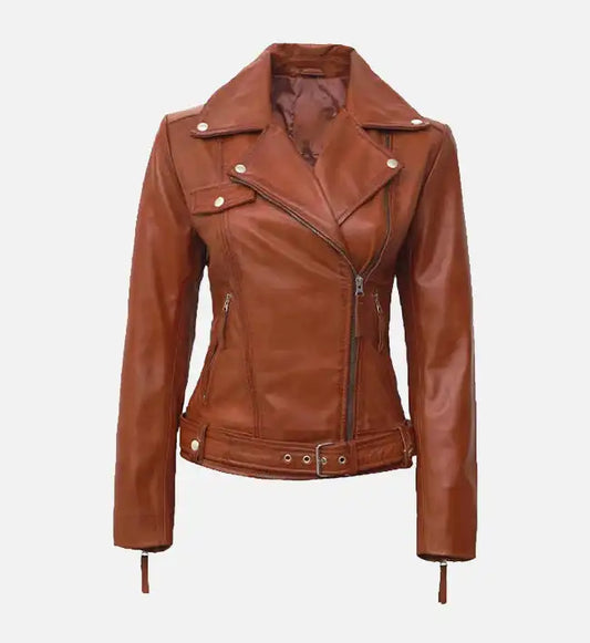 Women's Tan Leather Cafe Racer Jacket