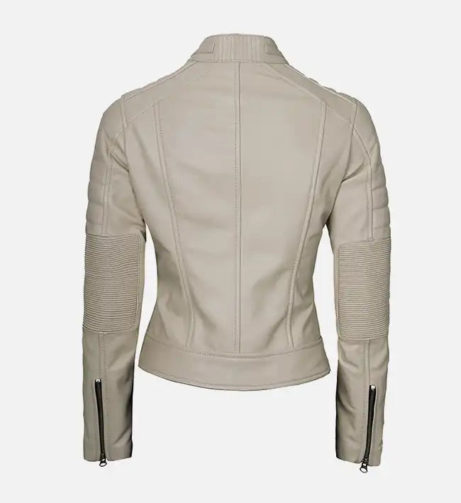 Women’s Beige Cafe Racer Leather Jacket