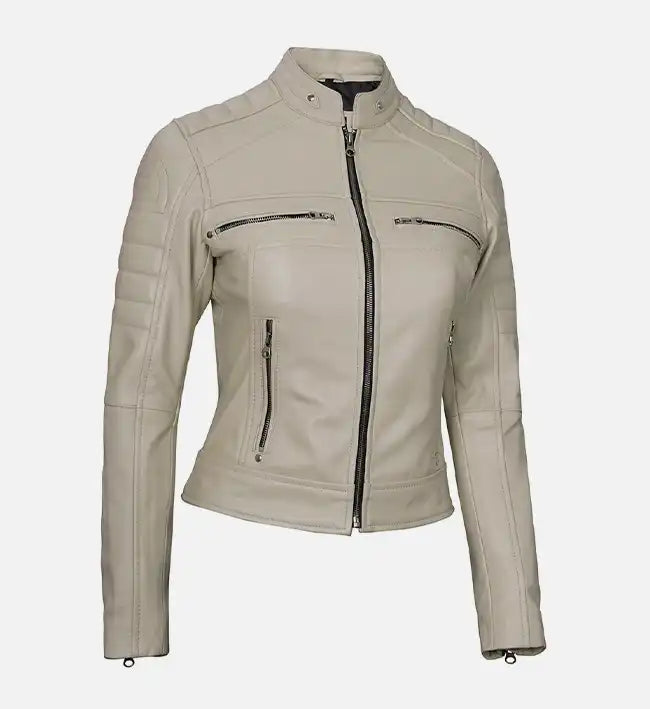 Women’s Beige Cafe Racer Leather Jacket