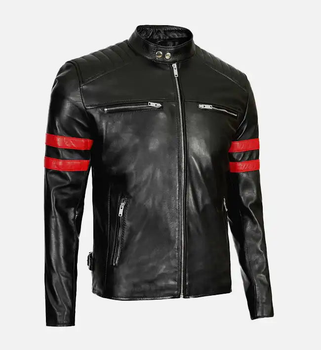 Men’s Red Stripes Black Biker Jacket