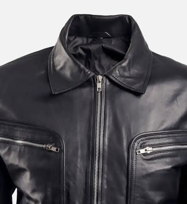 Men’s Shirt Collar Black Biker Leather Jacket