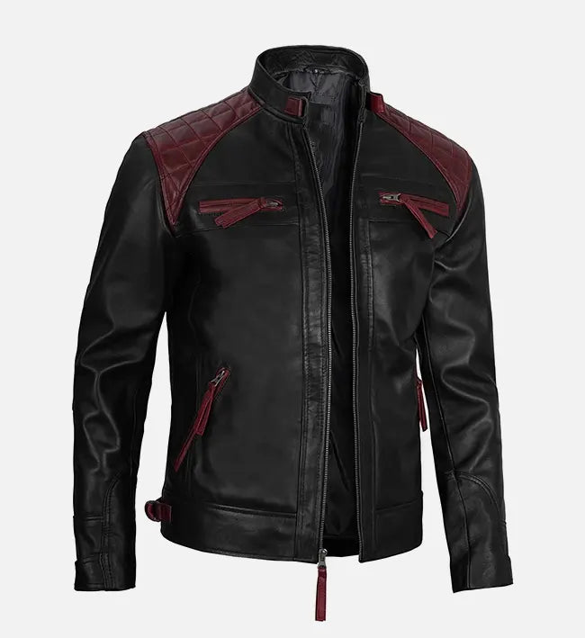 Men's Quilted Cafe Racer Black & Maroon Leather Jacket