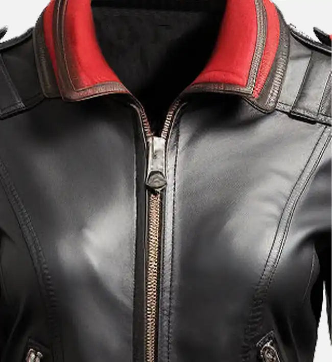 Women’s Black & Red Bomber Leather Jacket