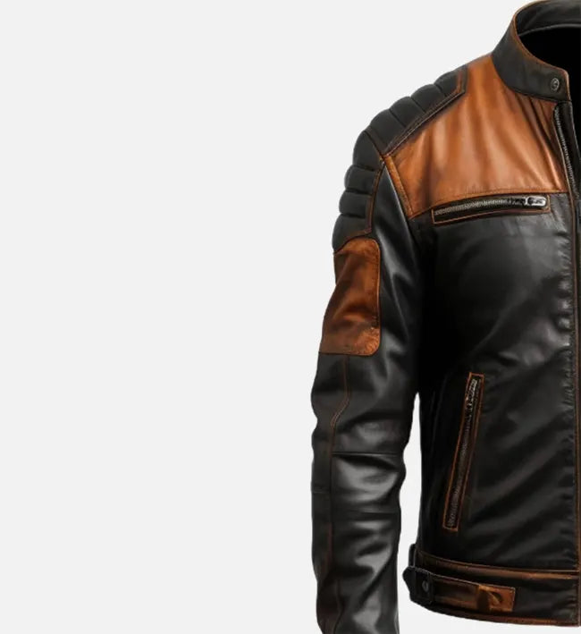 Men's Black & Tan Brown Biker Leather Jacket