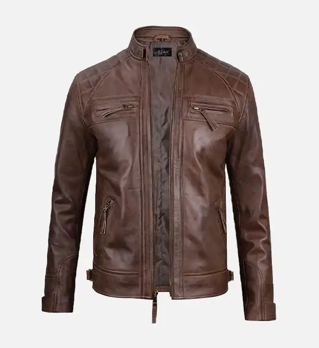 Men’s Diamond Shoulder Style Brown Biker Leather Jacket