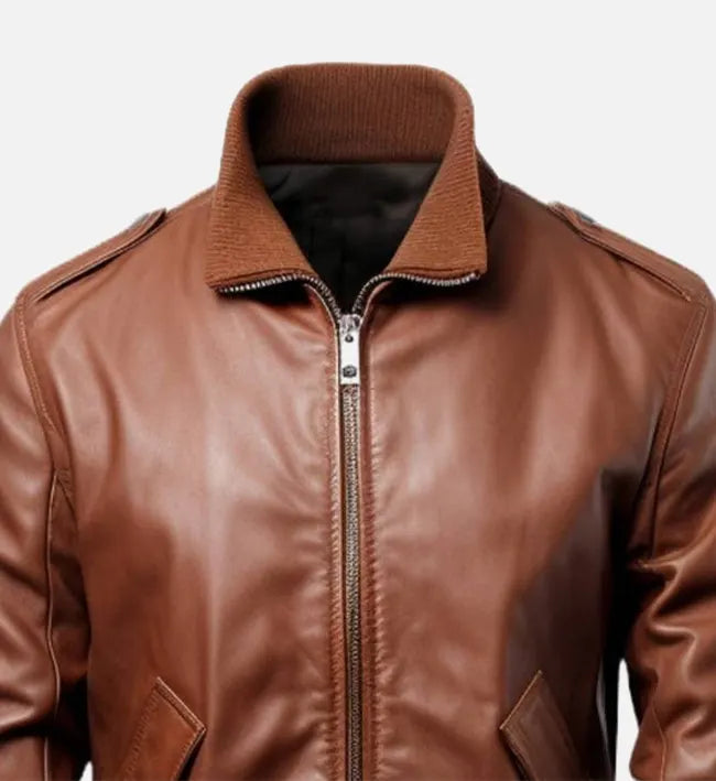 Men's Brown Slim Fit Bomber Leather Jacket