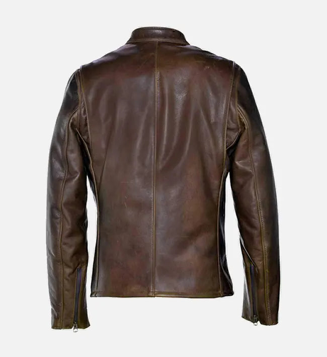 Men's Brown Distress Cafe Racer Leather jacket