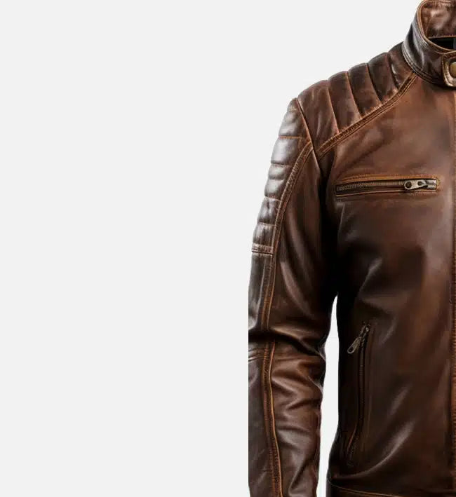 Men's Leo Distressed Brown Cafe Racer Leather Jacket