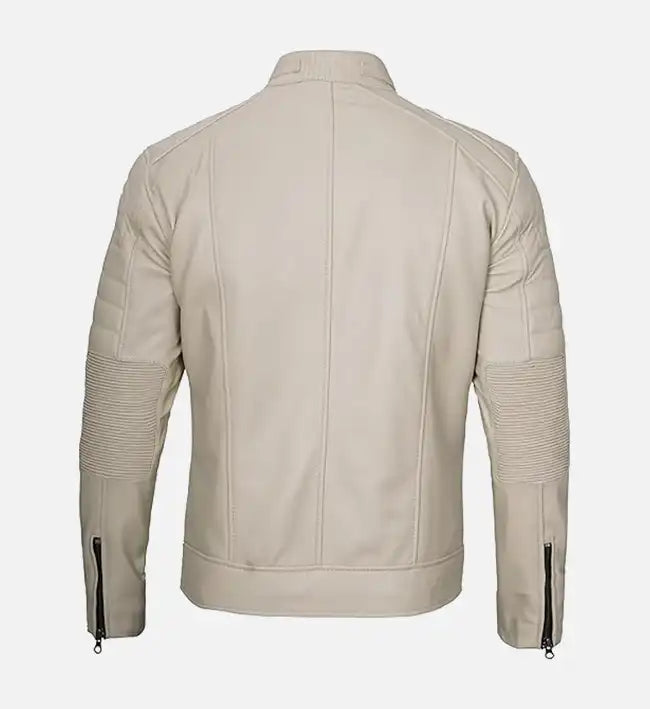 Men's Beige Cafe Racer Leather Jacket