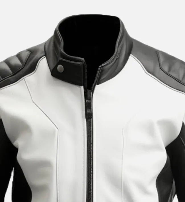 Men's Black White Cafe Racer Leather Jacket