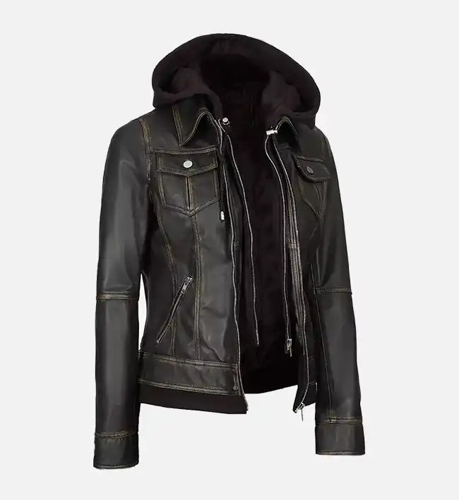 Women's Dark Brown Leather Jacket With Hood