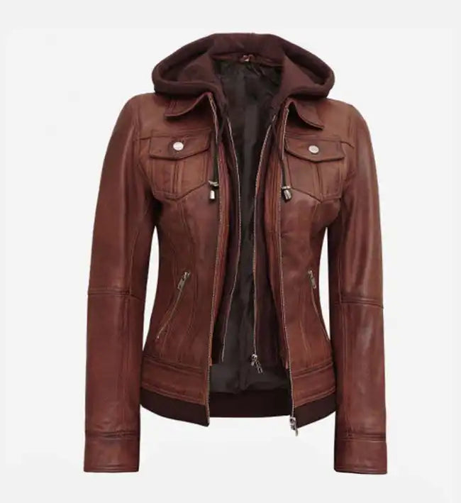 Women's Dark Brown Leather Jacket With Removable Hood