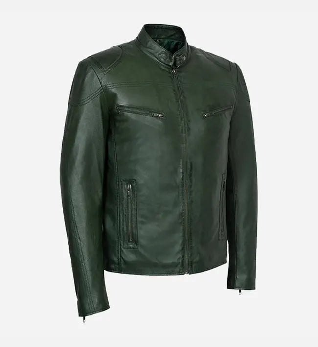 Men's Cafe Racer Dark Green Leather Jacket