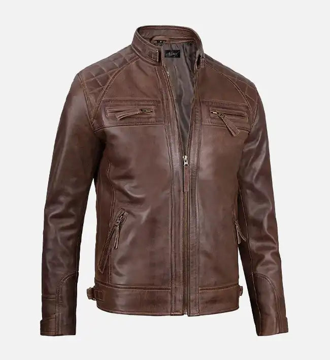 Men’s Diamond Shoulder Style Brown Biker Leather Jacket