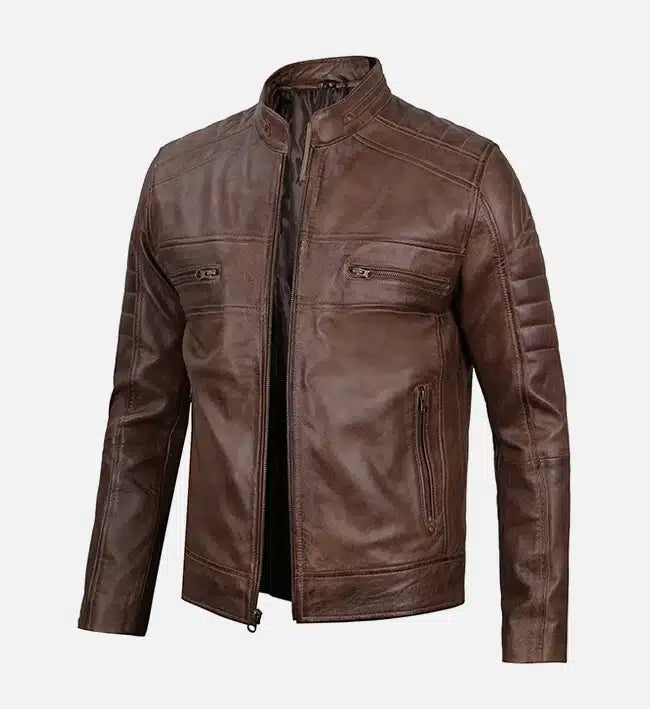 Men's Distressed Coffee Brown  Cafe Racer Leather Jacket