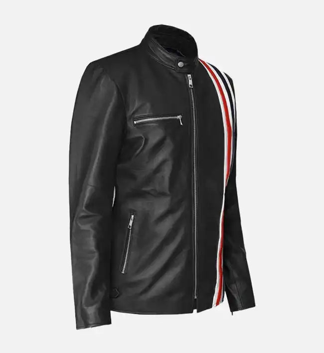 Easy Rider Black Leather Jacket with White Stripes