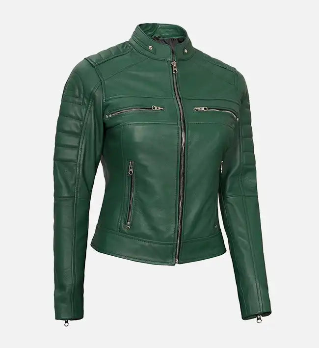 Women's Green Leather Cafe Racer Biker Jacket