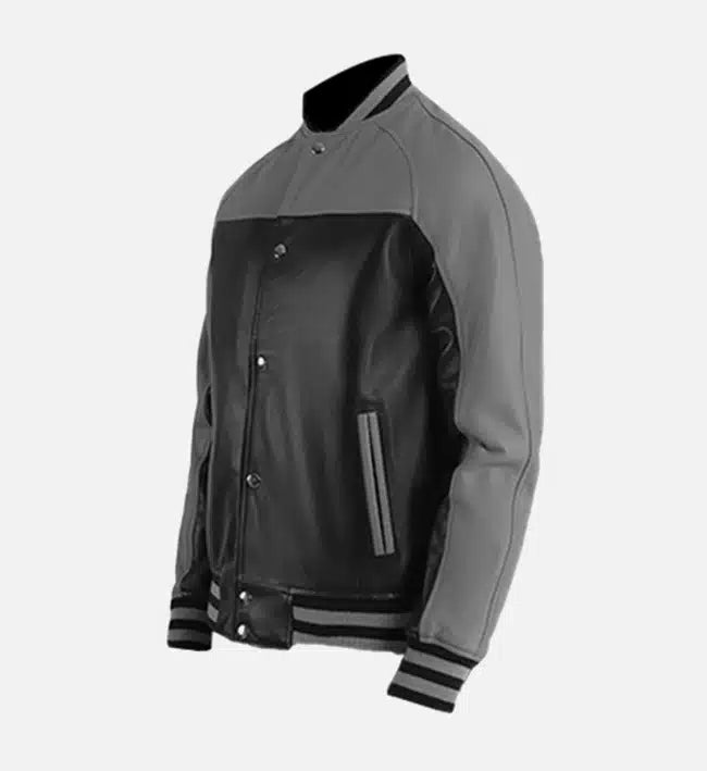 Men’s Grey Black Leather Varsity Jacket