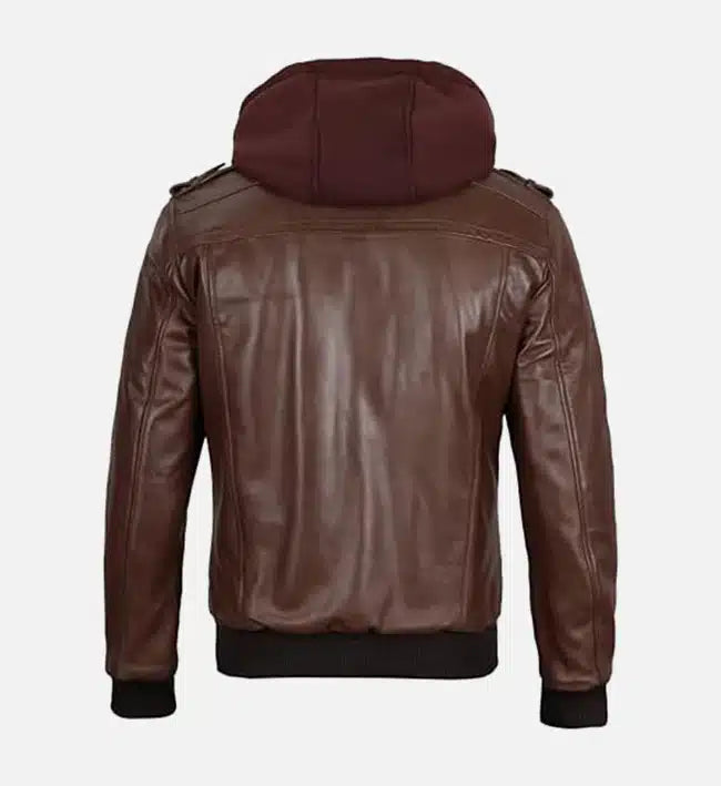 Men's Dark Brown Leather Bomber Jacket With Hood