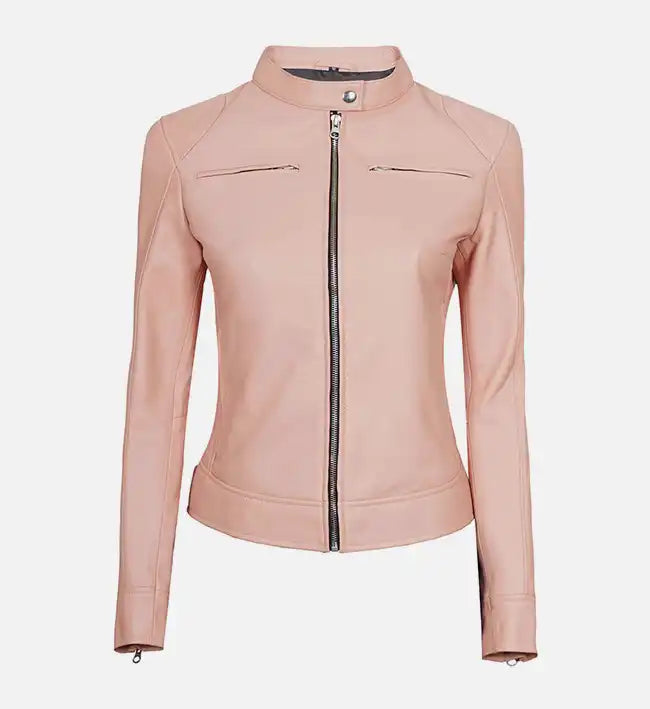 Women's Light Pink Cafe Racer Leather Jacket