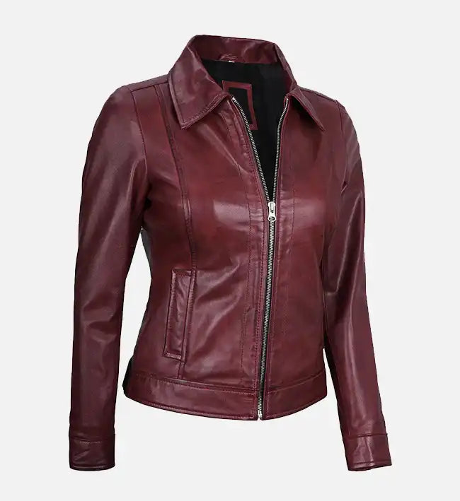 Women's Shirt Collar Maroon Leather Jacket