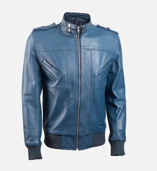 Men’s Band Collar Blue Bomber Leather Jacket