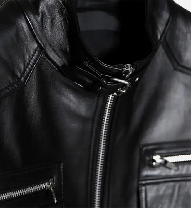 Men's Band Collar Biker Leather Jacket