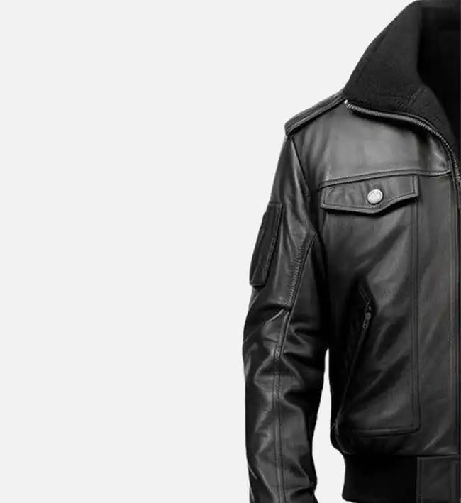 Men's Aviator Black Leather Bomber Jacket