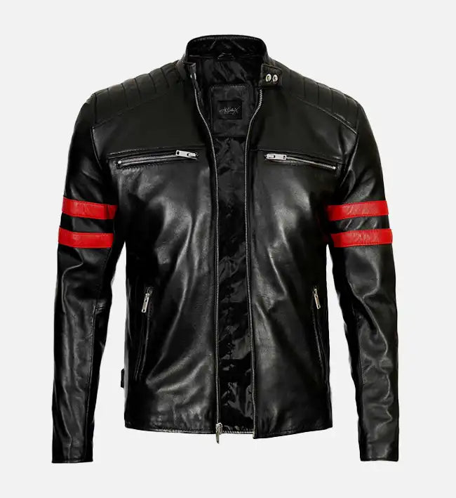 Men’s Red Stripes Black Biker Jacket