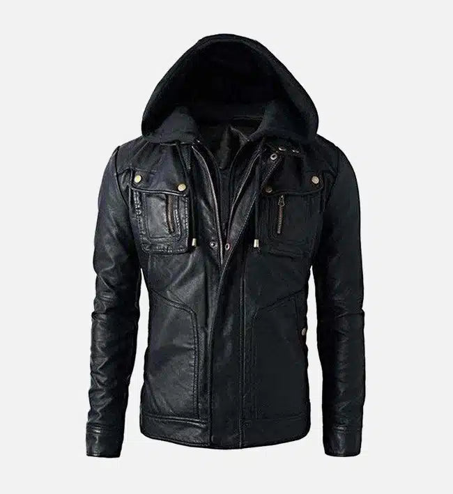 Men’s Detachable Hoodie Black Biker Leather Jacket