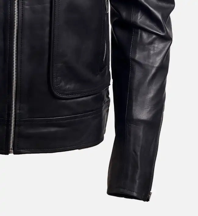 Men’s Shirt Collar Black Biker Leather Jacket