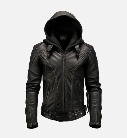 Men’s Black Hooded Leather Jacket