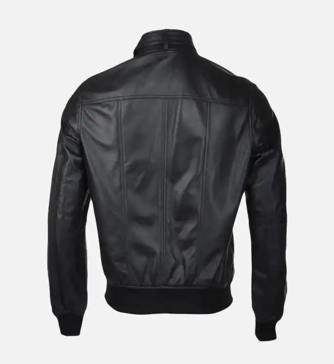 Men’s Snap Double Button Collar Black Leather Bomber Jacket