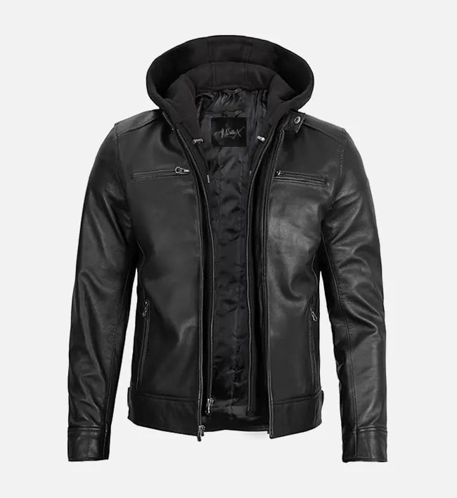 Men’s Black Leather Jacket with Removable Hood