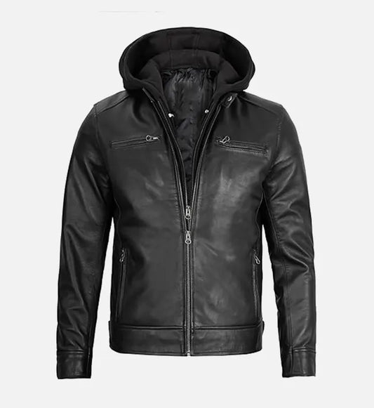 Men’s Black Leather Jacket with Removable Hood