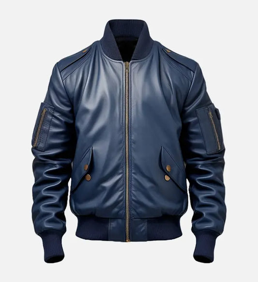 Men's Blue Flight Bomber Leather Jacket