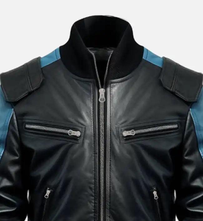 Men's Black & Blue Bomber Leather Jacket