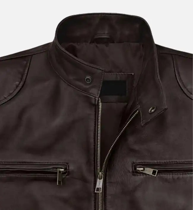 Men's Regular Fit Cafe Racer Brown Leather Jacket